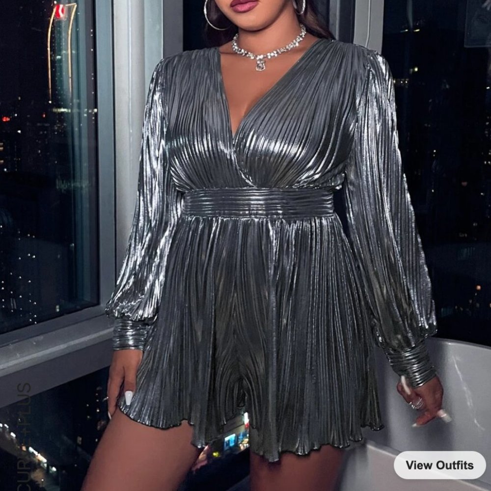 Plus Pleated Silver Romper